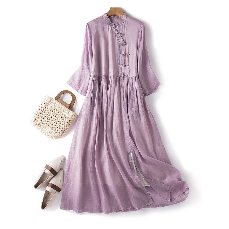 

2026 Spring/Summer Purple Cotton Linen Dress: Women s Retro Chinese Style with Three-Quarter Sleeves & Frog Buttons 2XL світло-фіолетового кольору