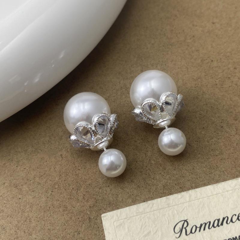 Exquisite French Zirconia Petal Pearl Front-Back Earrings: Elegant, Versatile Ear Studs