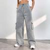 Women Cargo Pants Elastic High Waist Adjustable Drawstring Long Pants with Multi Pockets Wide Leg Design Solid Color Casual Pants