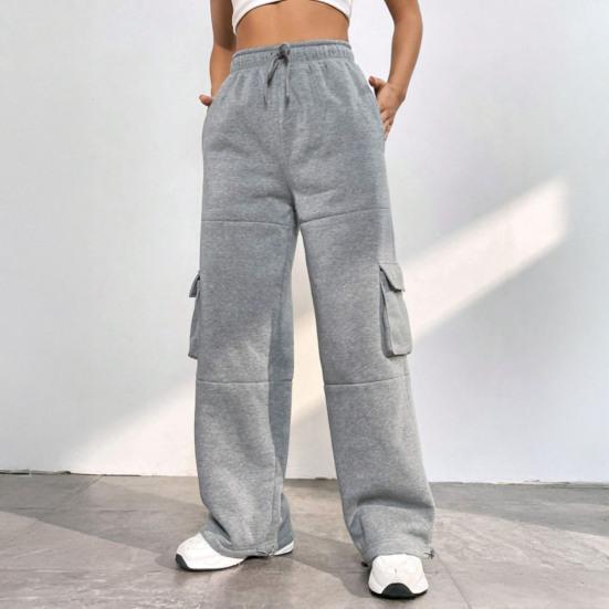 Women Cargo Pants Elastic High Waist Adjustable Drawstring Long Pants with Multi Pockets Wide Leg Design Solid Color Casual Pants