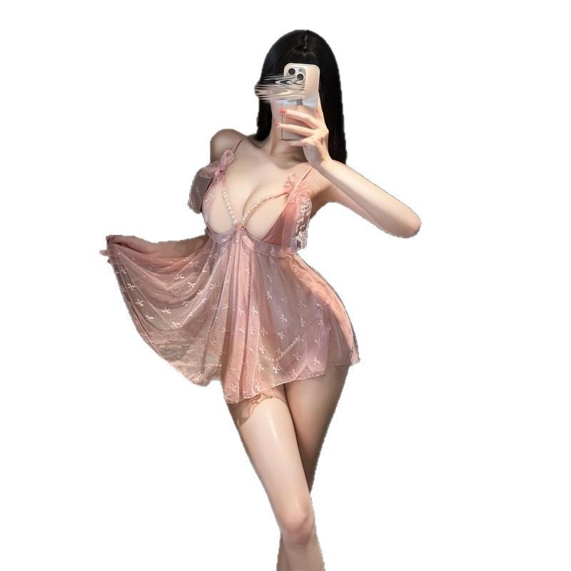 Perspective Sex Underwear Bare Chest Pearl Suspender Nightdress Open Crotch Transparent Sexy Pajamas Free Bed Flirting 6