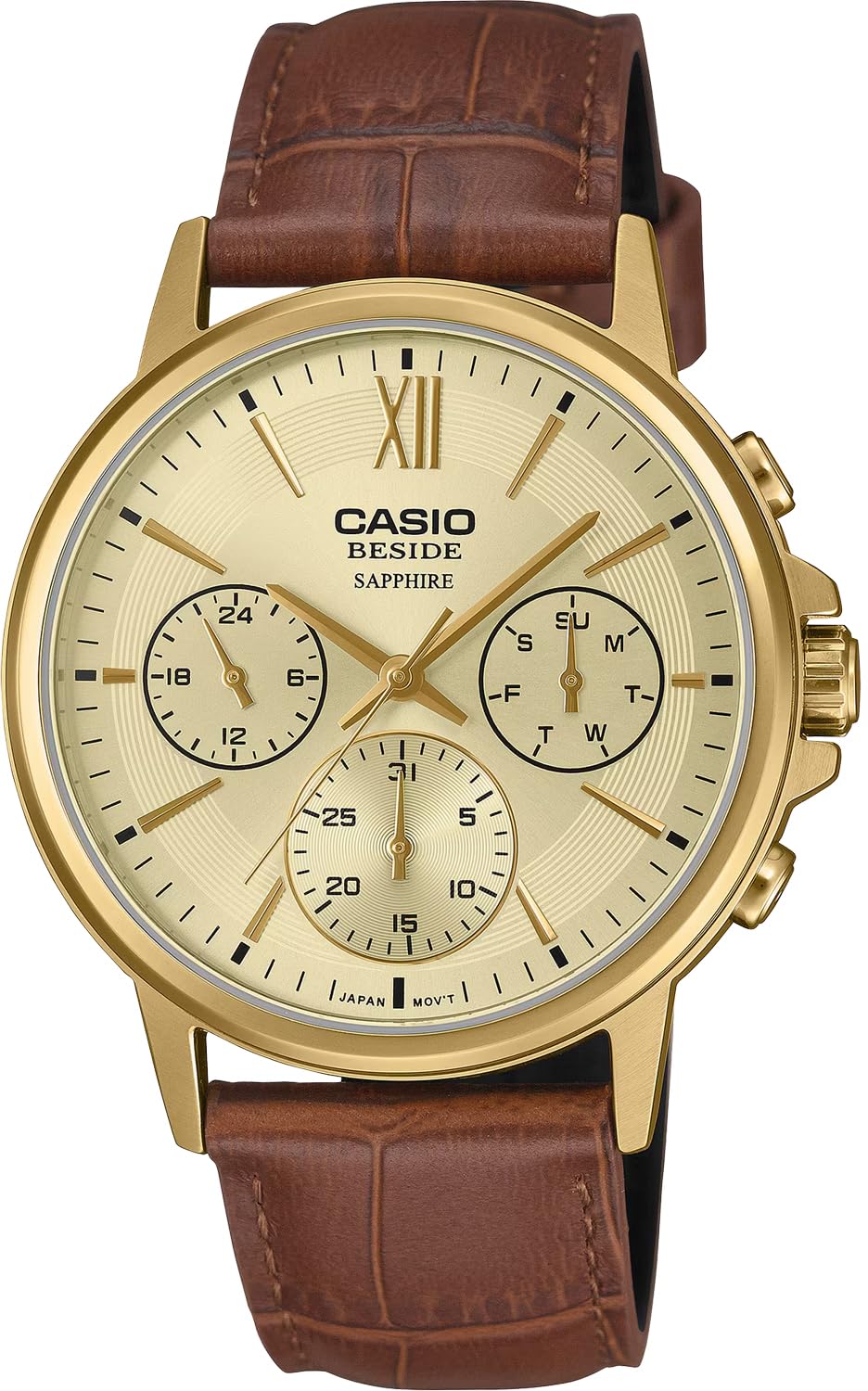 

Casio BESIDE Quartz Men s Watch BMS-300GL-5AV Sapphire Glass Brown Leather Band Multi-Axis 24-Hour Display Gold