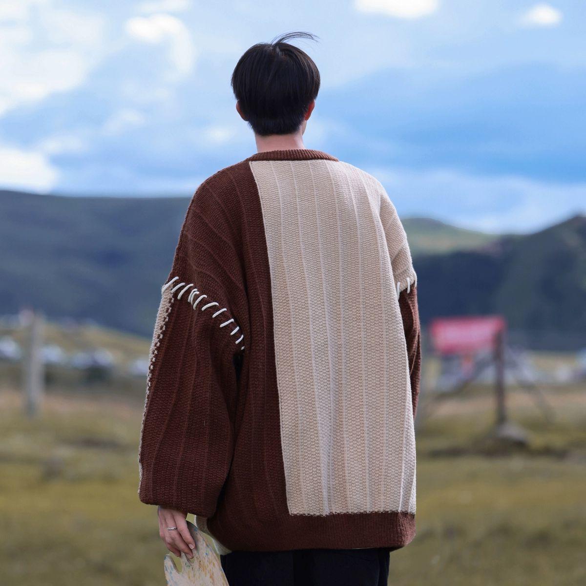 

Мужской осенний свободный свитер с цветовым столкновением, ленивый ветер, повседневный дизайн, нишевый пуловер, вязаный топ XS