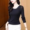 Women Mesh Long Sleeve Top Round Neck Rhinestone Beaded Slim Fit Ruched Side Basic T-Shirt Elegant Spring Layering Blouse