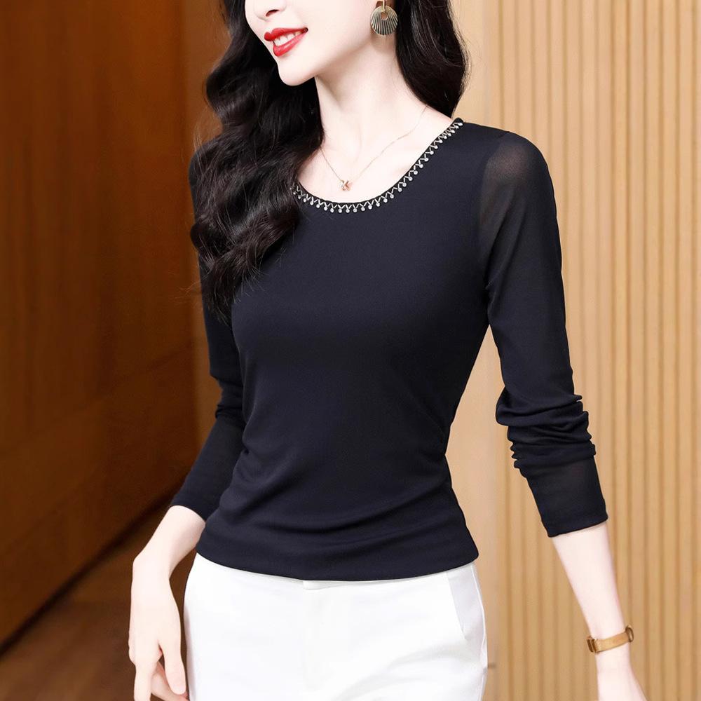 Women Mesh Long Sleeve Top Round Neck Rhinestone Beaded Slim Fit Ruched Side Basic T-Shirt Elegant Spring Layering Blouse