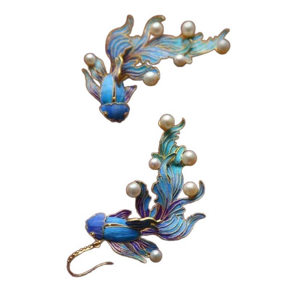 Colored Fish Koi Fish-shaped Earrings Vintage Style Imitation Pearl Earrings  Women s Accessories синий