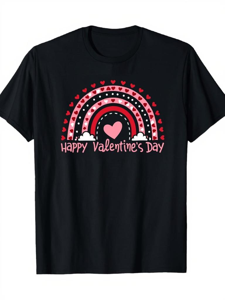 Happy Valentine's Day Unisex Rainbow Heart Print T-Shirt, Casual Short Sleeve Tee, Black Valentine's Gift Top, Soft Premium T-Shirt, Casual Round Nec