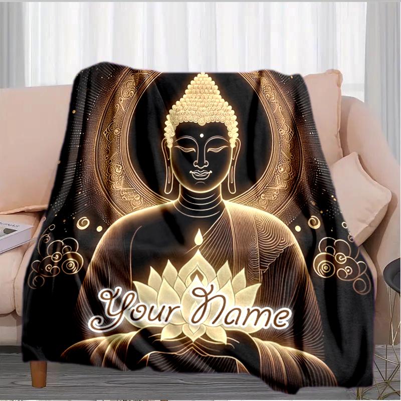 1PC Custom Name Buddha Enlightenment Lotus flannel blanket versatile, all-season throw suitable for the living room, bedroom, camping, travel, and gif