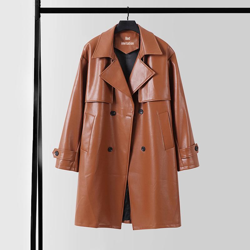 Men's Plus Size High-End PU Leather Knit Trench Coat - Korean Style, Loose, Casual, Spring/Autumn.