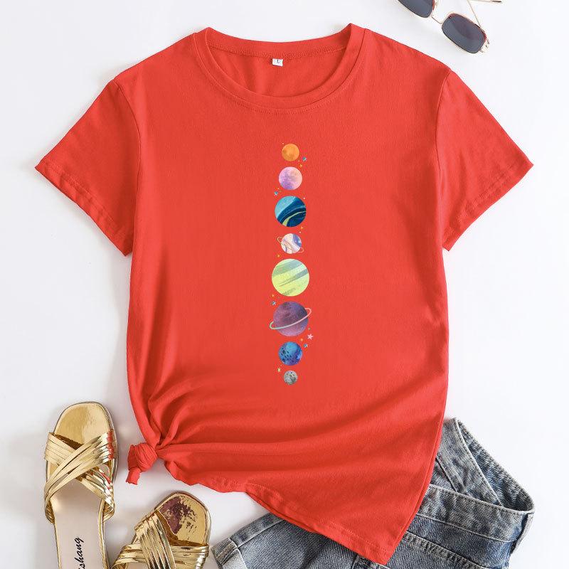 Summer Round Neck Planet Pattern Printed Top Fashionable Casual Short Sleeved Women's Pure Cotton T-shirts