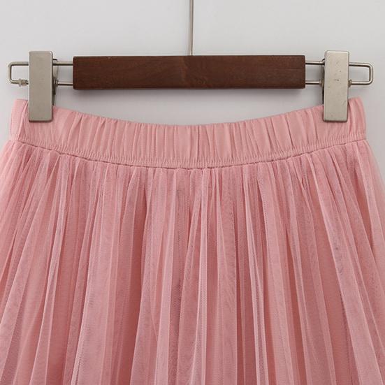 Mesh Yarn Midi Skirt High Elastic Waist Ruffles Trim A-line Skirt
