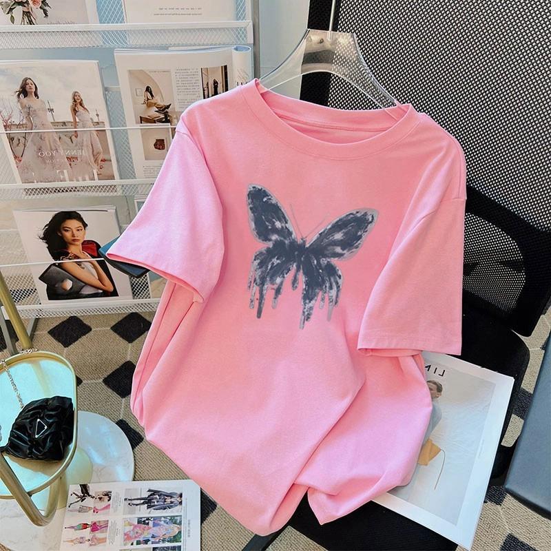 Sommer Kinder Erwachsene Mode Schmetterlingsdruck Kurzarm T-Shirt Outdoor Lässig O-Ausschnitt Übergroß Damen T-Shirts Top Mädchen Kleidung