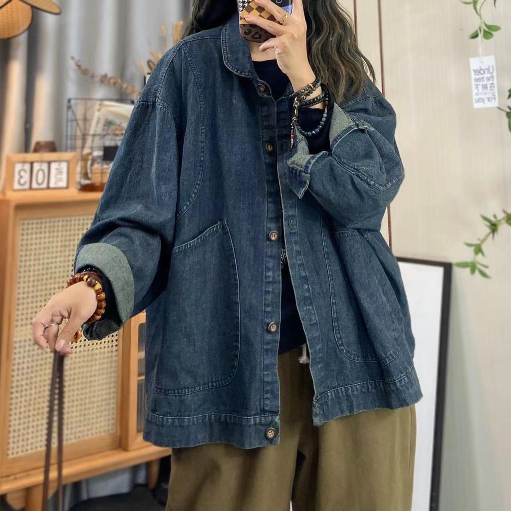 Women's Long-Sleeve Collared Denim Jacket Loose Trendy Versatile Casual Outerwear for Autumn