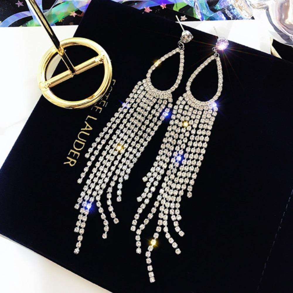 Korea Temperament Sparkling Full Rhinestone Long Tassels Hollowed-out Teardrop-shaped Dangle Earrings for Women Designer Jewelry