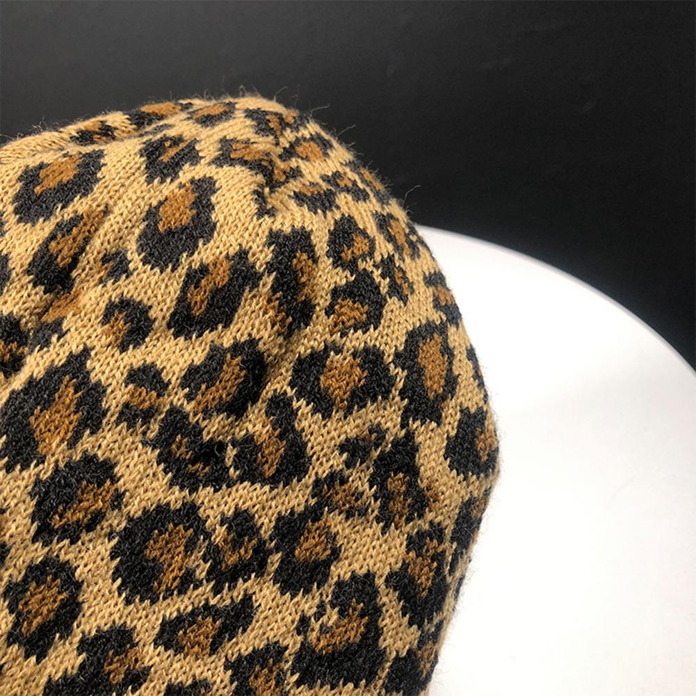 Women Leopard Print Woolen Knitted Cap Retro Autumn Winter Warm Cap Hat