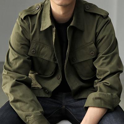 Herren Frühling und Herbst Einfarbig Revers Mehrfach-Taschen Jacke Langarm Einreiher Locker Jacke