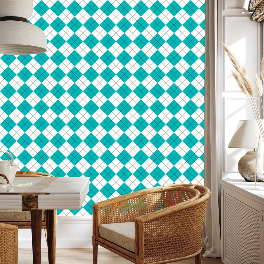 Wallpaper Basic Retro Checkered Turquoise and White 50x1000