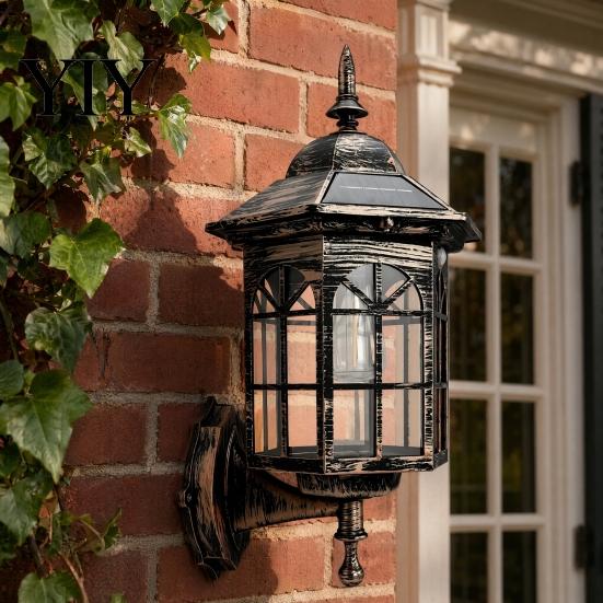 European Style Solar Lamp Vintage Wall Light, Motion Sensor Outdoor Sconce with Glass Human Body Sensing Light Shade, Waterproof Garden Lantern