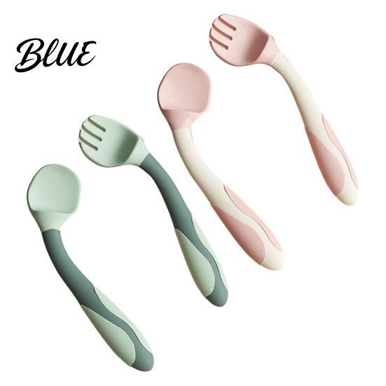 Cucchiaio per Bambini con Manico Curvo Forchetta da Allenamento e Set Utensili Flessibili Antiscivolo Bordi Arrotondati Antiscivolo Strumenti per l'Autosvezzamento/Alimentazione per Destri/Mancini