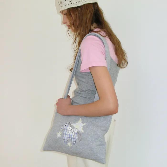 RIBBON PONY APPLIQUE SWEAT SHOULDER BAG GREY