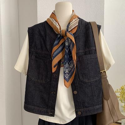 Frühling Herbst Vintage Rundhals Locker Lässig Denim Weste Damen Ärmellos Alleskönner Tasche Tanktop