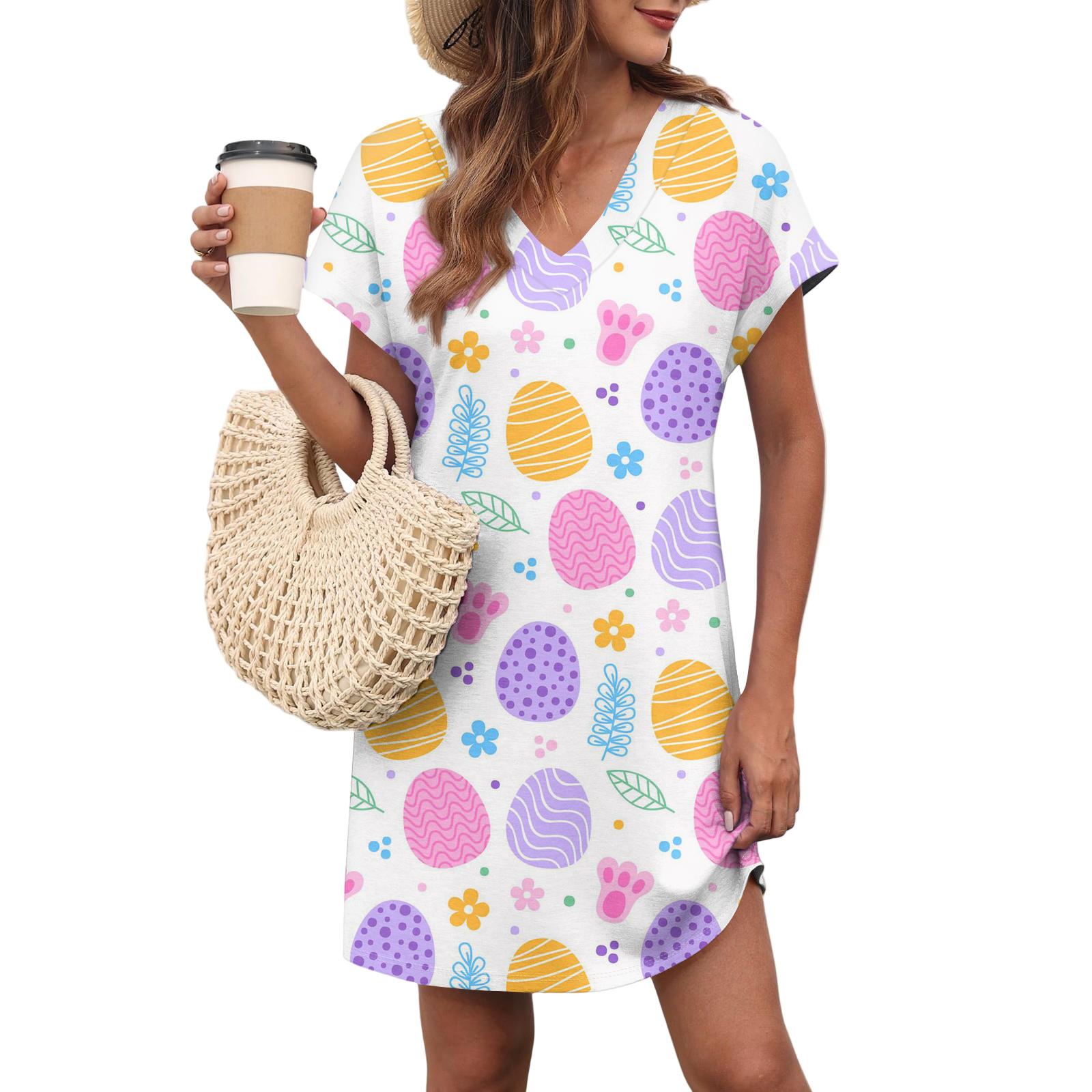 

Women s Casual Fashionable Sexy V-Neck Covered Sleeves Belted Pocket Easter Print Dress XL