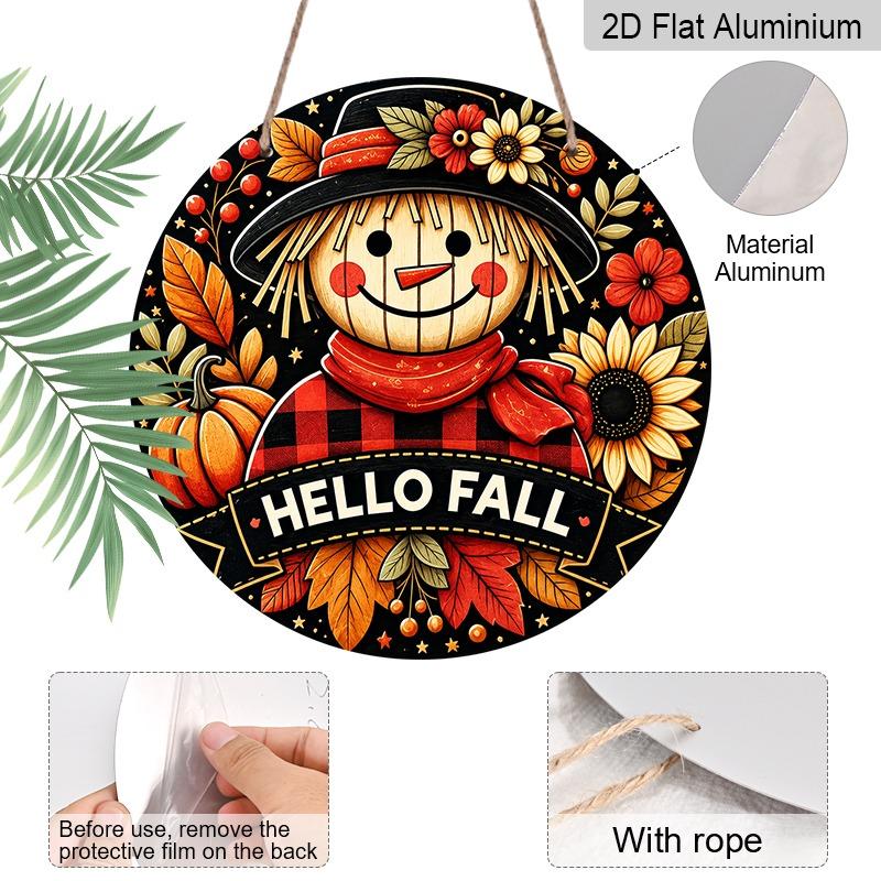 2D Flat Aluminum Decorative Plaques and Ornaments, Featuring Autumn-themed Plaid Scarecrow, Pumpkin, and Sunflower Floral Patterns for Wall