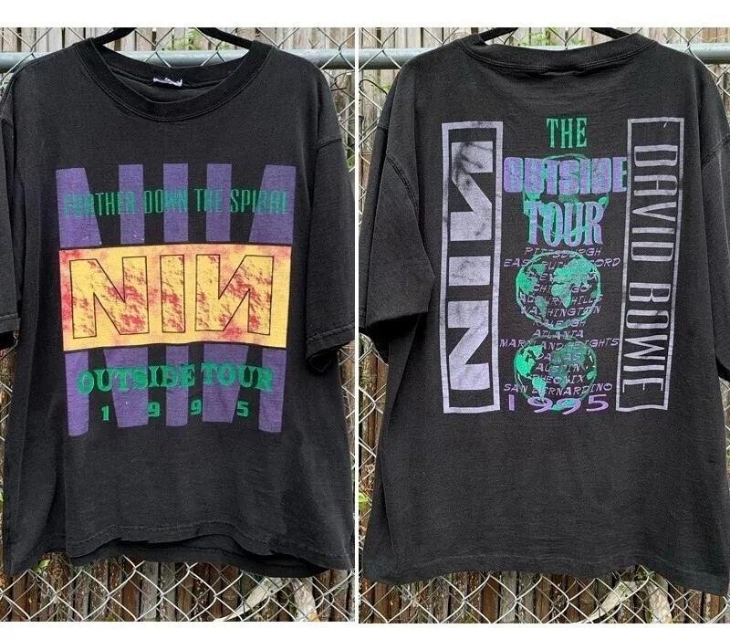 

1995 Nine Inch Nails David Bowie The Outside Tour 2 Side Black Unisex T-Shirt Short Sleeve Men Women Summer Crew Neck Cotton Tee 4XL