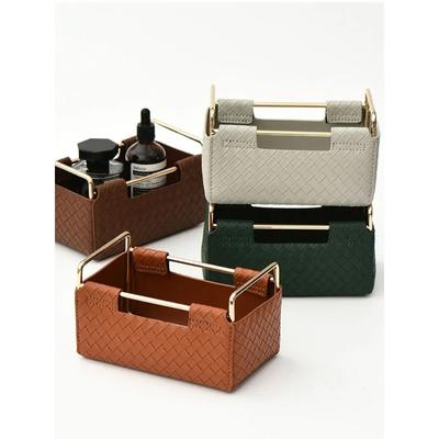 Nordic Bathroom And Kitchen Organizer PU Leather Woven Cosmetic Organizer Storage Box Makeup Brush Holder Sundries Basket