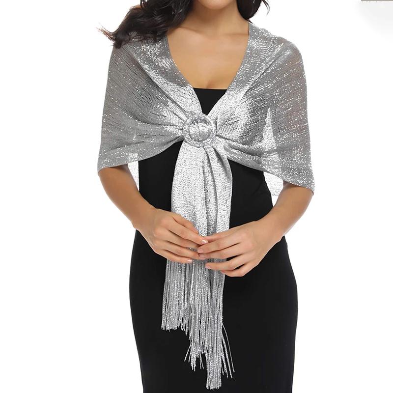 

Gold Thread Tassel Scarf Shawl For Women Luxury Glitter Silver Scarves Ladies Fashionable Simple Party Shawls 160*50Cm