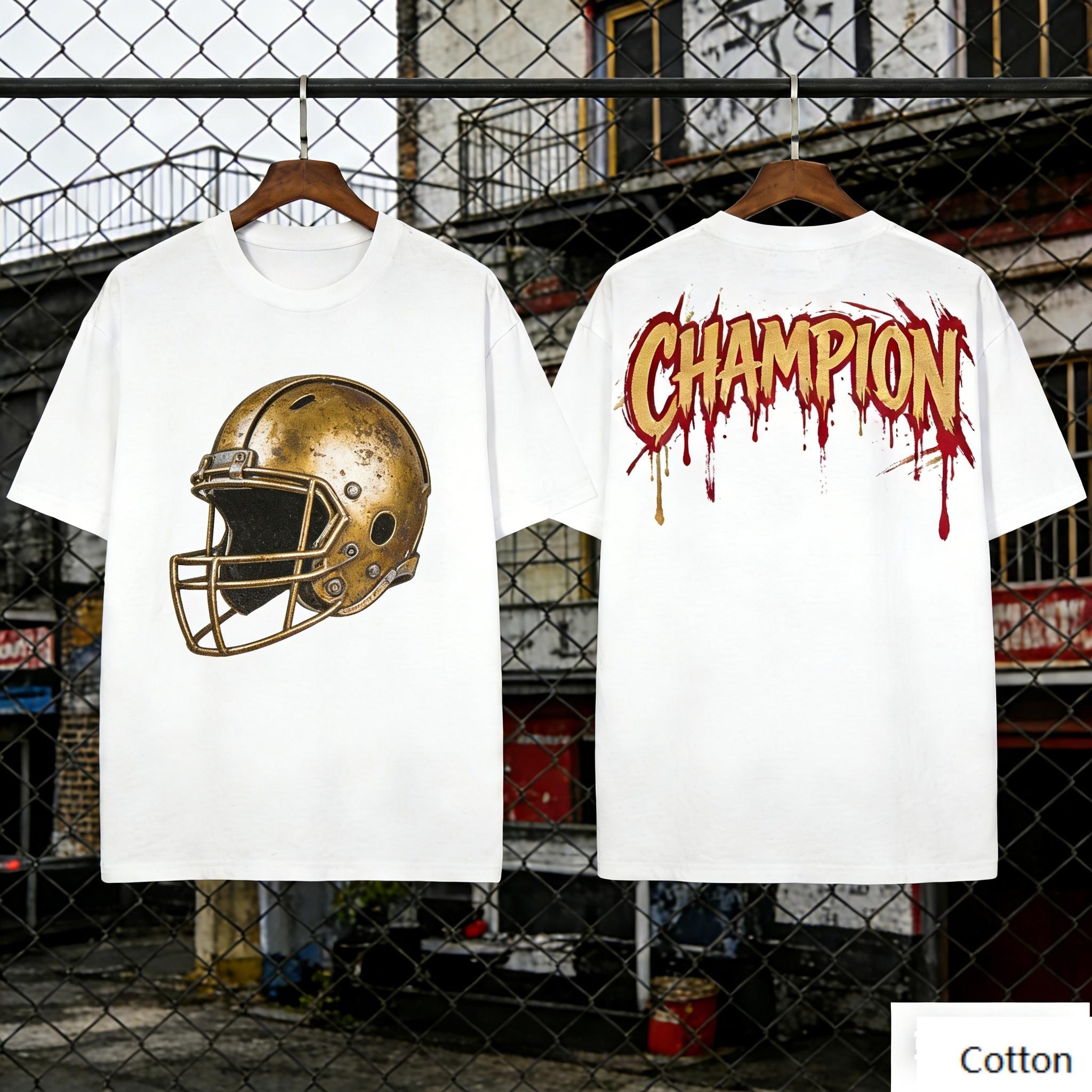Trendy Retro Football Streetwear Print T Shirt, Soft Cotton Casual Tee, Helmet Design Unisex Top for Daily Wear S разноцветный