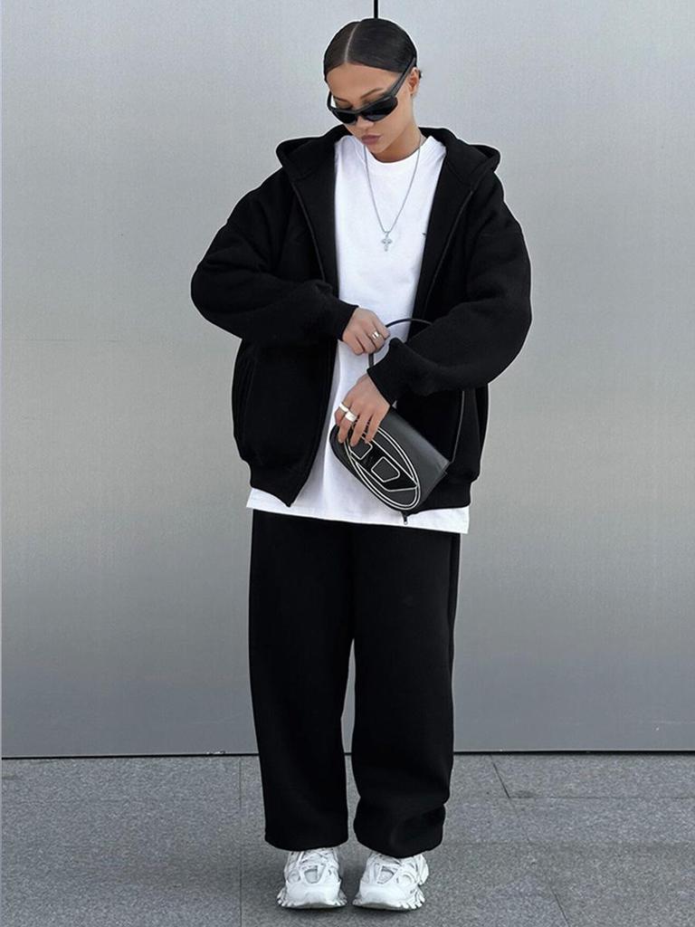 2025 Damen Einfarbiger Kapuzen-Cardigan und Jogger-Set - Europäischer & Amerikanischer Stil Zweiteiler