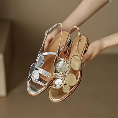 2024 Fashion Women's New Round Head Spring/Summer Genuine Leather Sheepskin Spliced Low Heel Large Size Elastic Open Toe Sandals