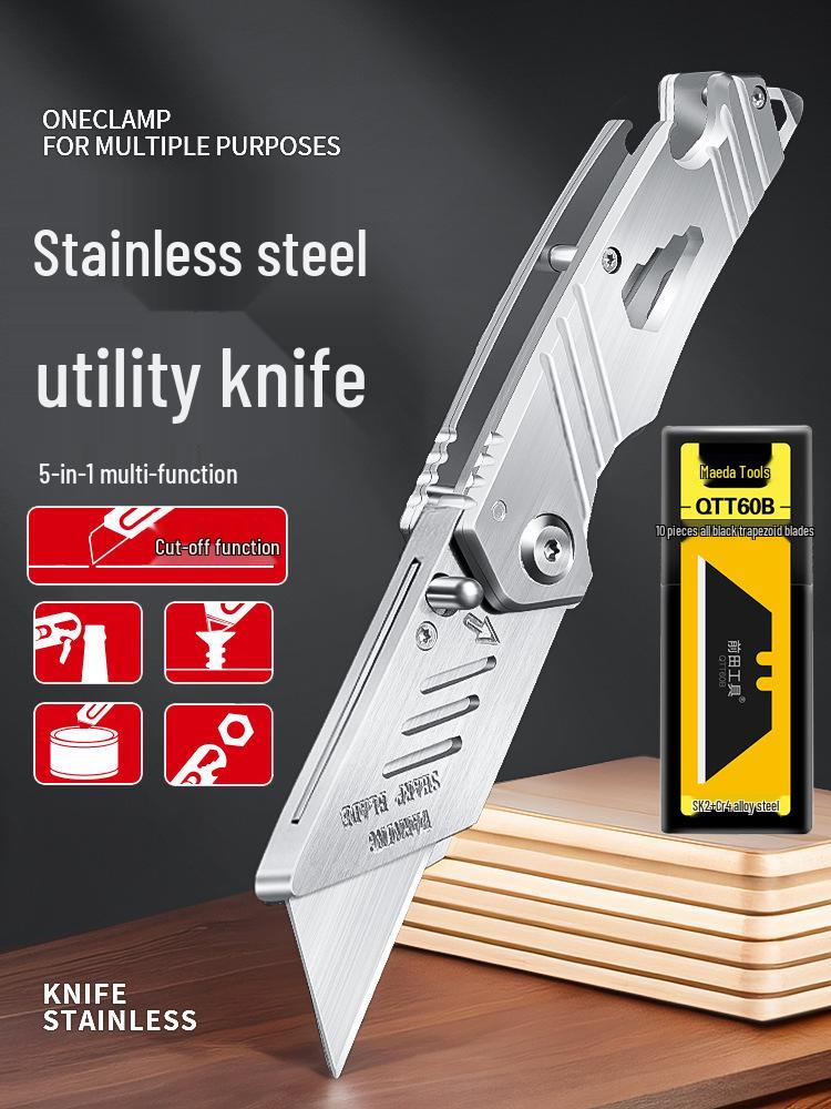 DEWO Heavy-Duty Stainless Steel Electrician's Folding Utility Knife with Cable and Wire Stripper, Thickened Hook.