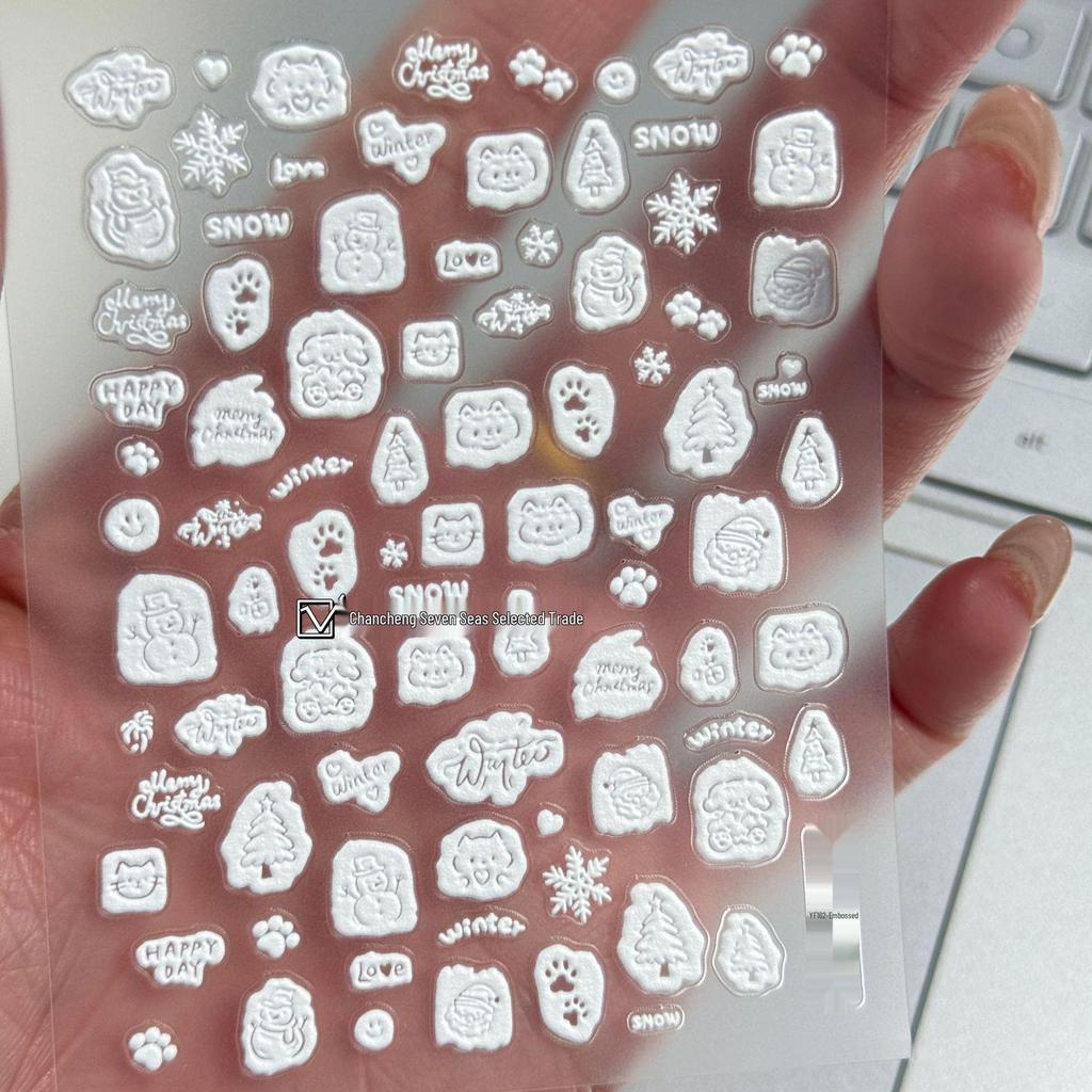 Autocollants pour ongles de Noël mignons 5D: Ours Blanc, Bonhomme en Pain d'Épice, Rennes, Dessin Animé, Bricolage, Autocollant
