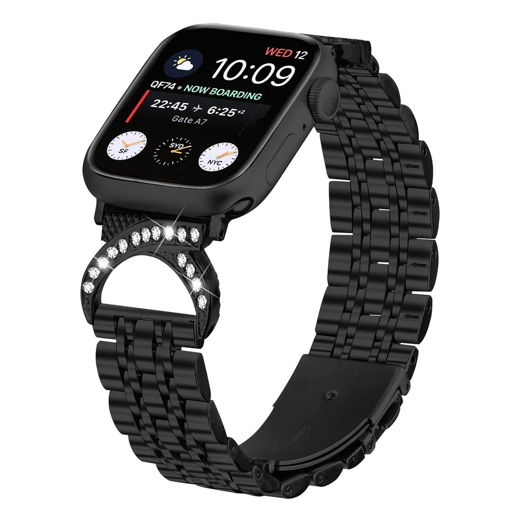 Watch Strap for Apple Watch Series 11 10 42mm/9 8 7 41mm/SE3 SE2 SE 6 5 4 40mm/3 2 1 38mm Stainless Steel Band with Rhinestone Ox Horn Style Connector