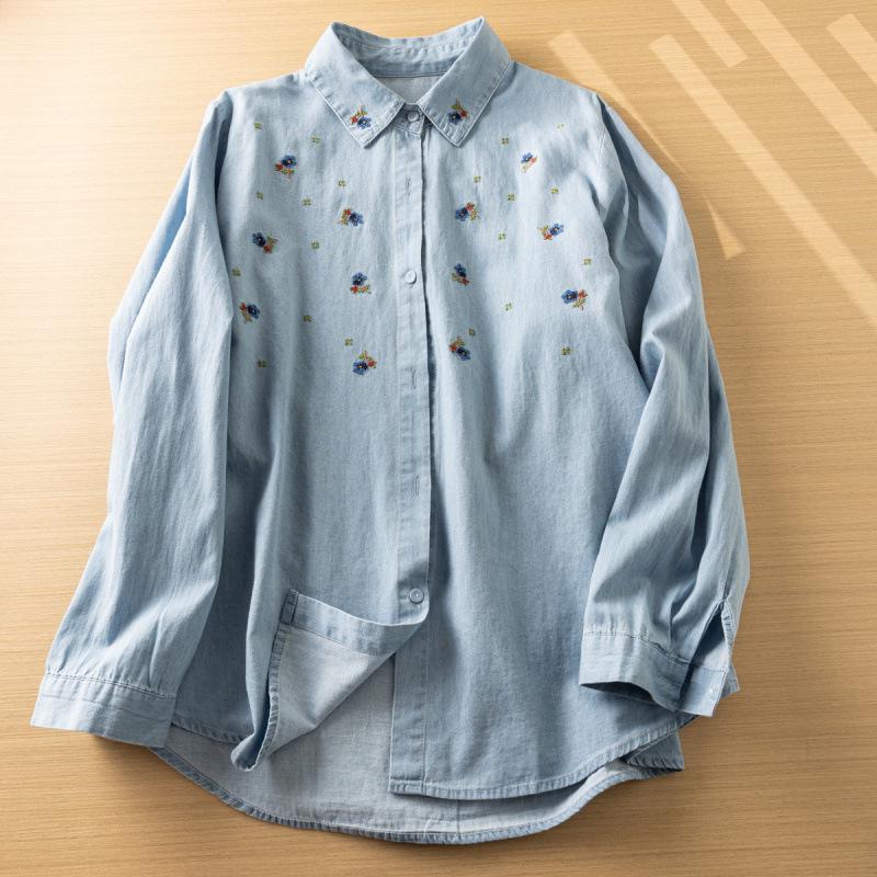 Women's Retro Cartoon Embroidered Cotton Denim Shirt - Long Sleeve, Casual Top for Spring/Autumn 2025
