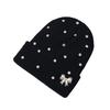 Solid Color Crystal Pearl Bow Beanie Warm Pullover Hat Fashion Knit Hat  Outdoor