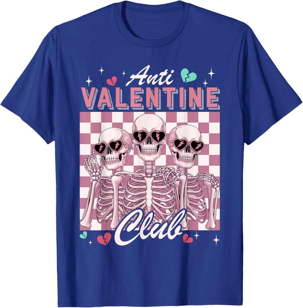 Anti-Valentinstag-Club-Skelett-Grafik-T-Shirt, lustiges Single-Day-Freizeit-Rundhals-T-Shirt für Männer und Frauen