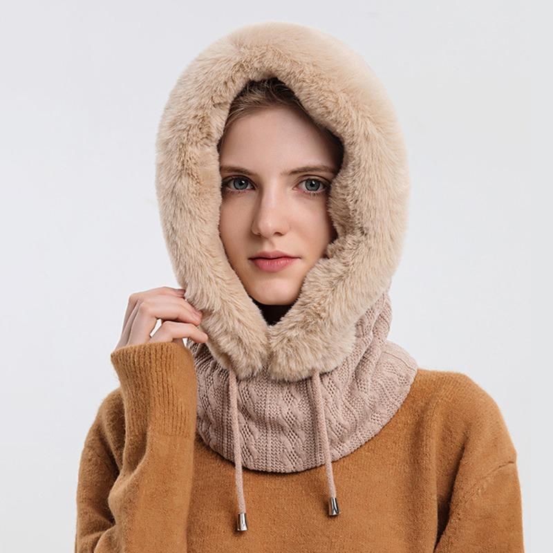 Winter Fur Cap Mask Set Hooded For Women Knitted Cashmere Neck Warm Russia Outdoor Ski Windproof Hat Thick Plush Fluffy Beanies