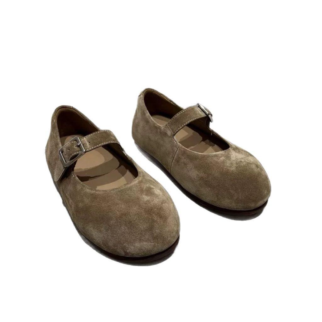 Leather Big Head One-word Buckle with Mary Jane Shoes Women's 2025 Spring New Versatile Round Head Shallow Mouth Flat Shoes Single Shoes