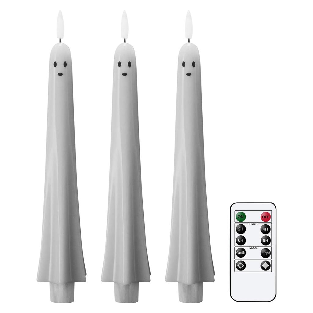 Flameless Flickering Taper Candles With Remote And Timer, Battery Operated Real Wax Spooky Face LED Candles Fireplace Halloween Holiday Decor