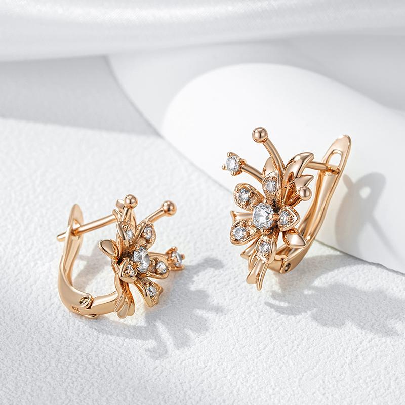 Kienl  Unique  Rose Gold Color Flower Drop Earring For Women Shiny Natural Zircon Accessories Daily Vintage Jewelry Gift