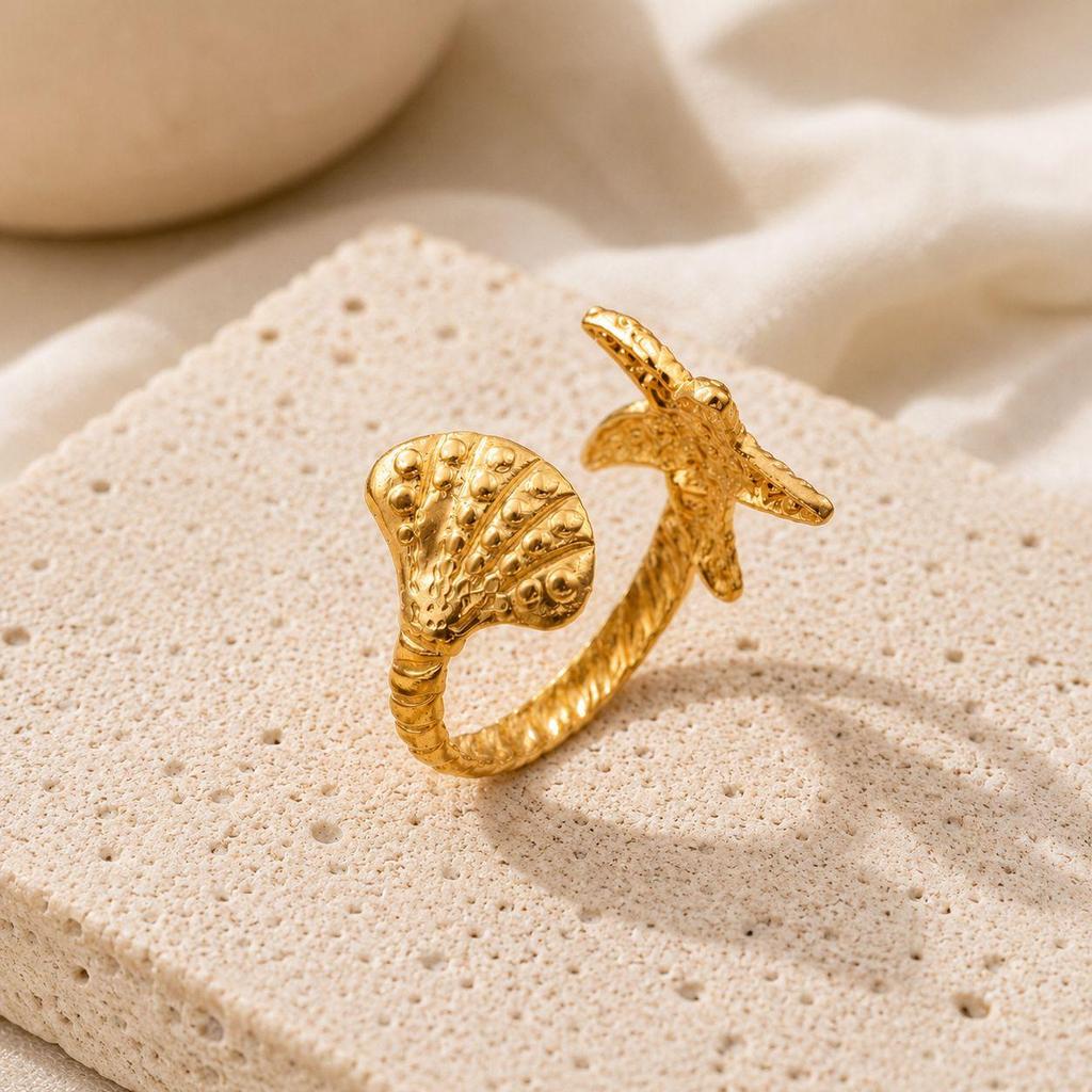 Adjustable Titanium Steel Starfish Ring – Stainless & Colorfast Hammered Design