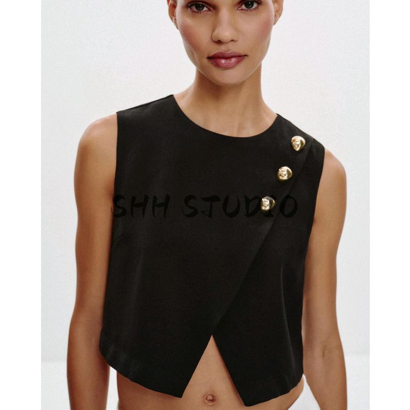 Autumn New Women's Clothing French Style Design round Neck Sleeveless Gold Fake Button Double Breasted Tops 3897151