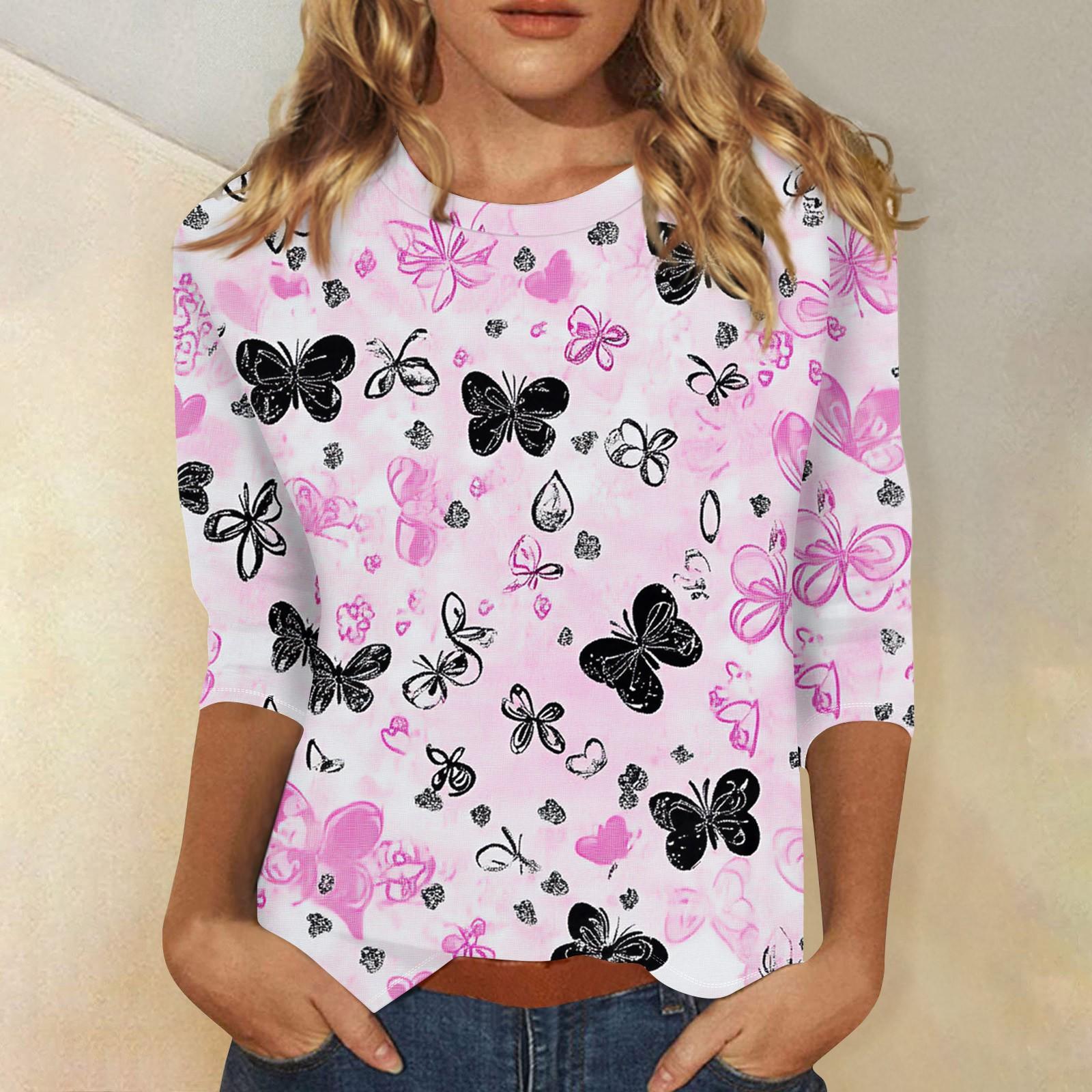 

Женская мода повседневная три четверти рукав винтажный цветочный принт круглый вырез топ XL розовый