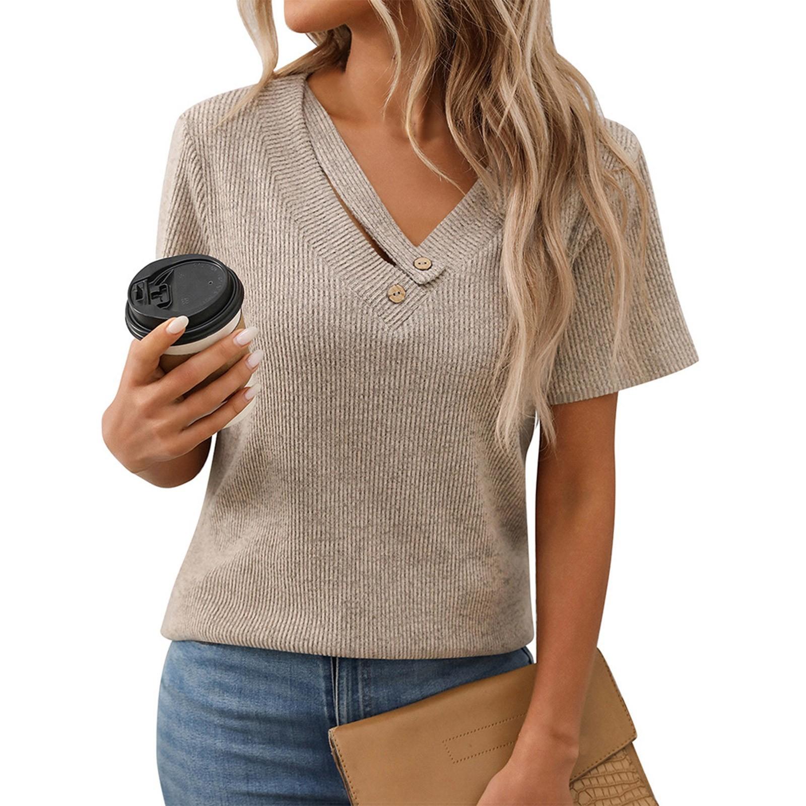 

Женский модный однотонный повседневный топ с V-образным вырезом и короткими рукавами на пуговицах XL хаки