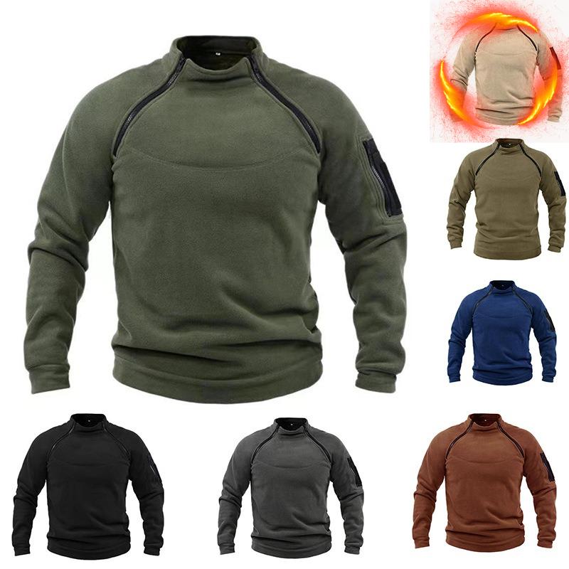 **Stand Collar Men's Sweatshirt Autumn Winter Warm Loose Solid Color Outdoor Breathable Tactical Pullover Top**