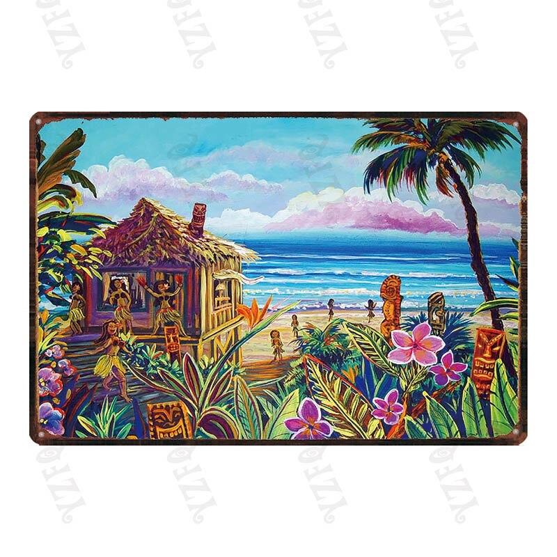 Vintage Hawaii City Painting with Hula Dancers  Metal Travel Tin Sign for Wall Decor In Pubs Cafes and Homes  Beach Metal Pla