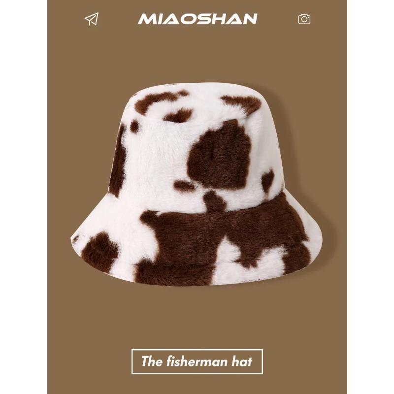 Fisherman Cap Women Girls Assorted Color Leopard Cow Print Fuzzy Bucket Hat Soft Warm Stylish Lightweight Party Street Style